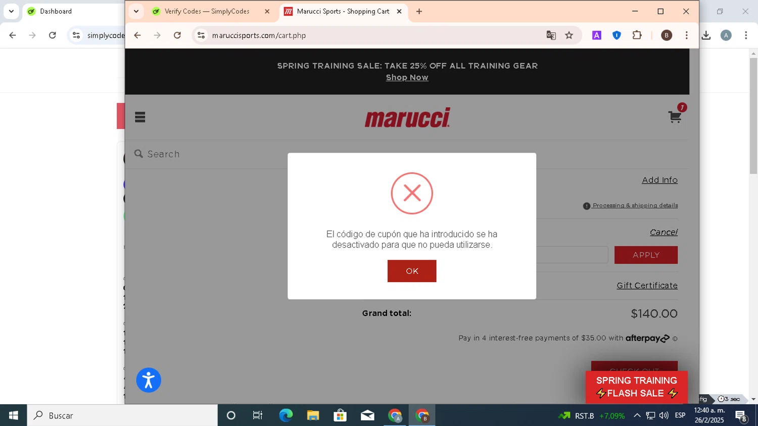 Marucci Sports coupon code screenshot showing code WELCOME320 applied at Marucci Sports checkout page. Uploaded by SimplyCodes community member KHAL_DROGO on Feb 26, 2025