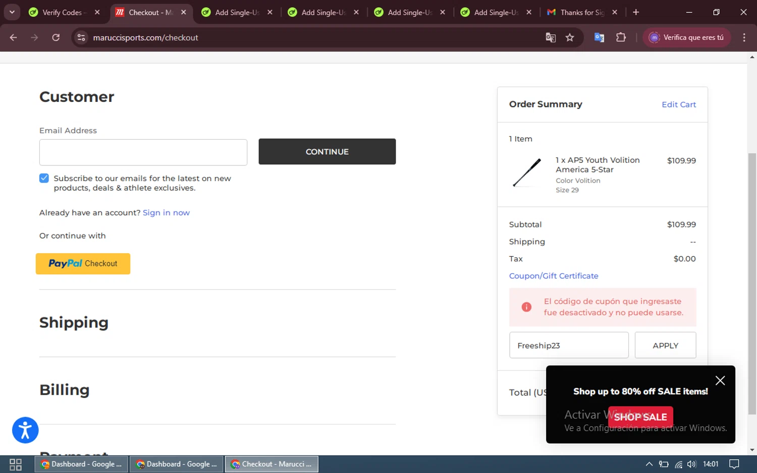 Marucci Sports coupon code screenshot showing code Freeship23 applied at Marucci Sports checkout page. Uploaded by SimplyCodes community member WiseCurator3690 on Dec 31, 2024