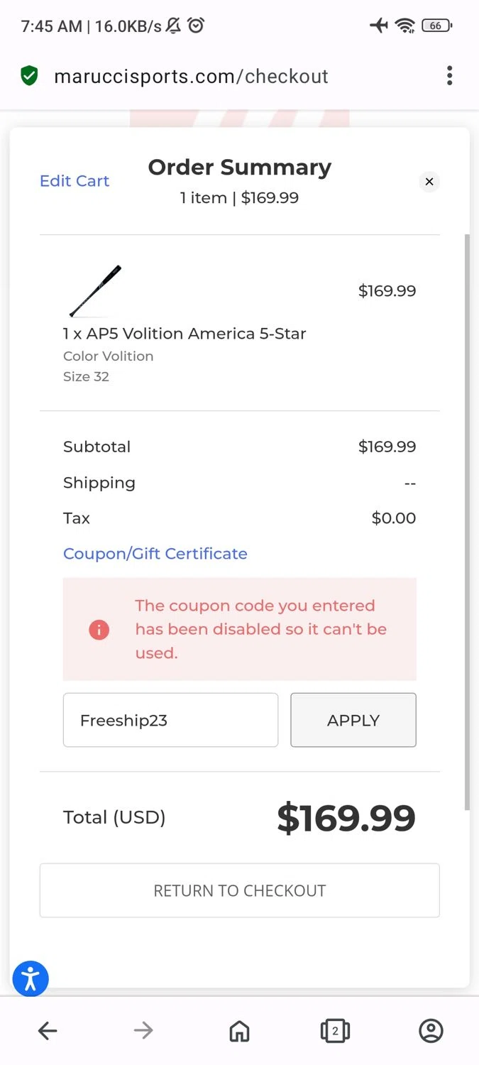 Marucci Sports coupon code screenshot showing code Freeship23 applied at Marucci Sports checkout page. Uploaded by SimplyCodes community member GoldChaser6627 on Dec 31, 2024