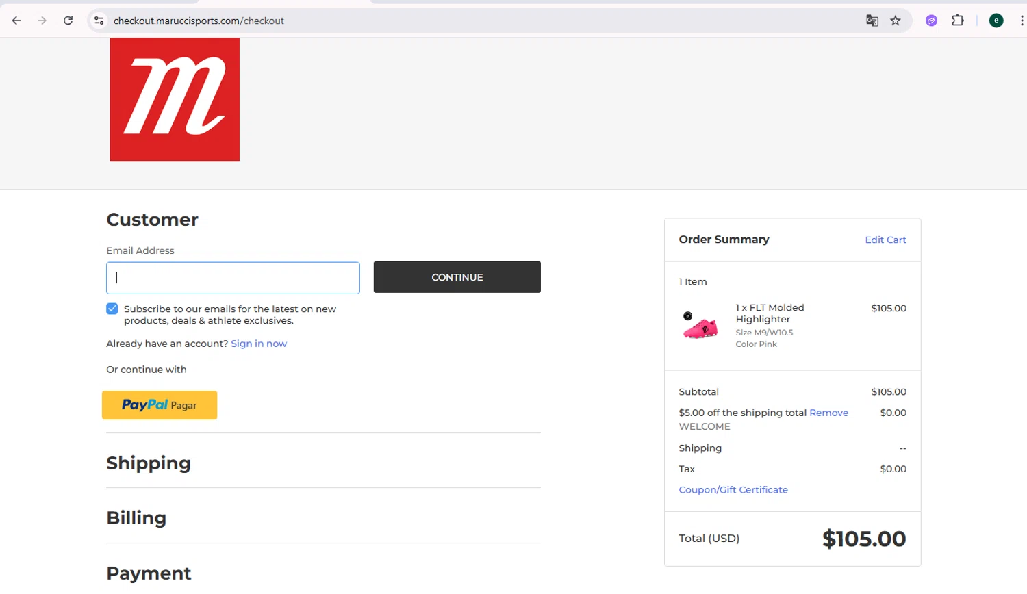 Marucci Sports checkout page showing Marucci Sports coupon code box | Screenshot taken by SimplyCodes community member on Feb 16, 2026