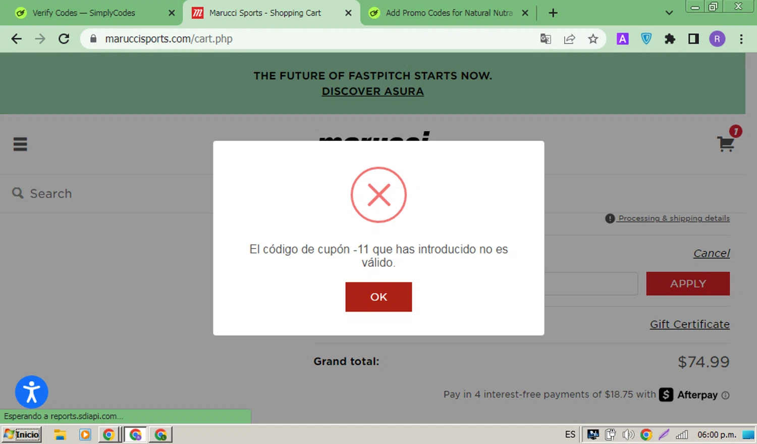 Marucci Sports coupon code screenshot showing code -11 applied at Marucci Sports checkout page. Uploaded by SimplyCodes community member ThriftyMonarch5789 on Apr 17, 2025
