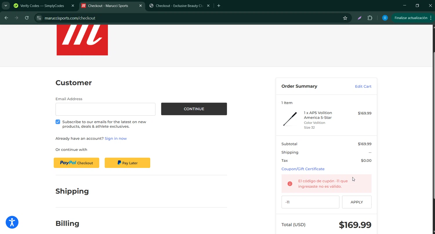 Marucci Sports coupon code screenshot showing code -11 applied at Marucci Sports checkout page. Uploaded by SimplyCodes community member _____________ on Apr 17, 2025