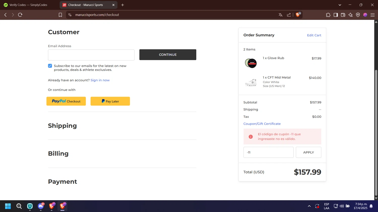 Marucci Sports coupon code screenshot showing code -11 applied at Marucci Sports checkout page. Uploaded by SimplyCodes community member nabucodonosor on Apr 17, 2025