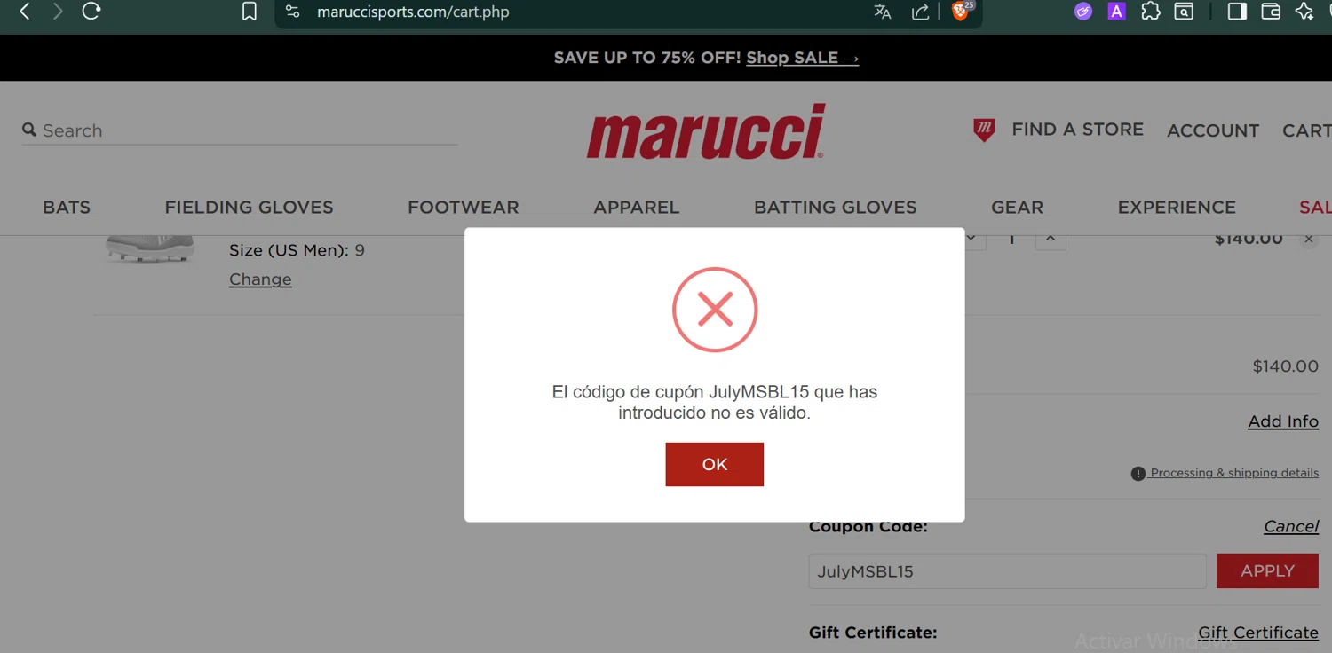 Marucci Sports coupon code screenshot showing code JulyMSBL15 applied at Marucci Sports checkout page. Uploaded by SimplyCodes community member PennyCaptain4684 on Aug 6, 2025