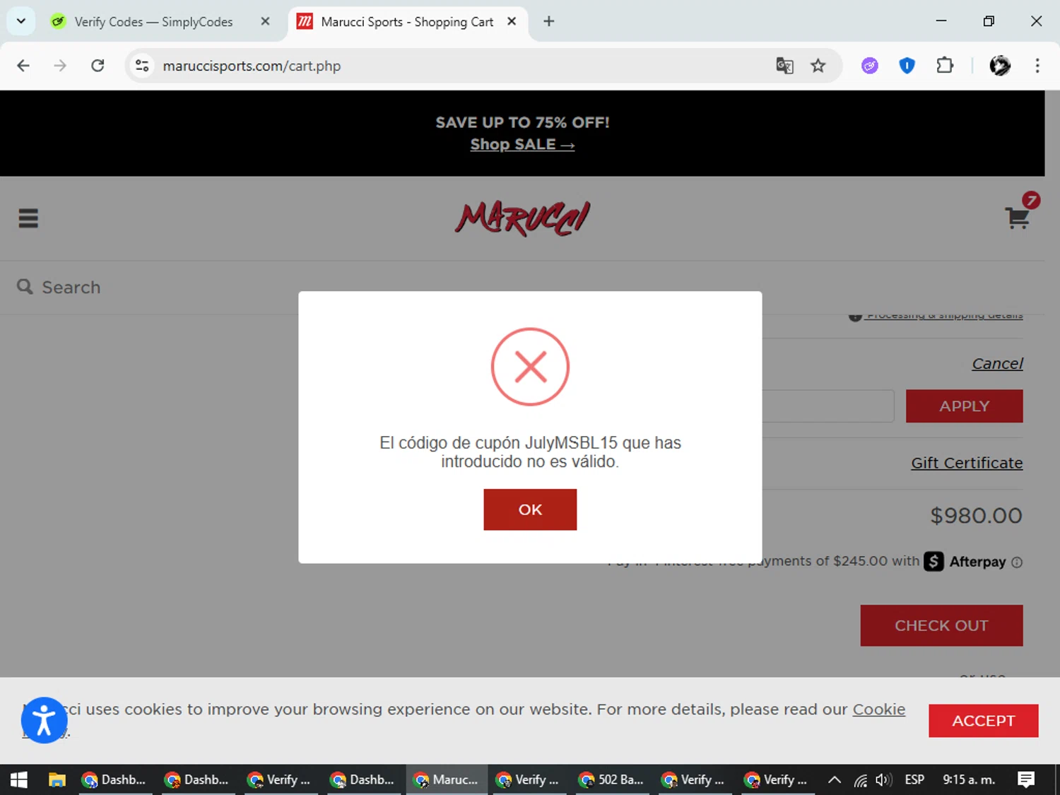 Marucci Sports coupon code screenshot showing code JulyMSBL15 applied at Marucci Sports checkout page. Uploaded by SimplyCodes community member SavvyChaser6563 on Aug 6, 2025