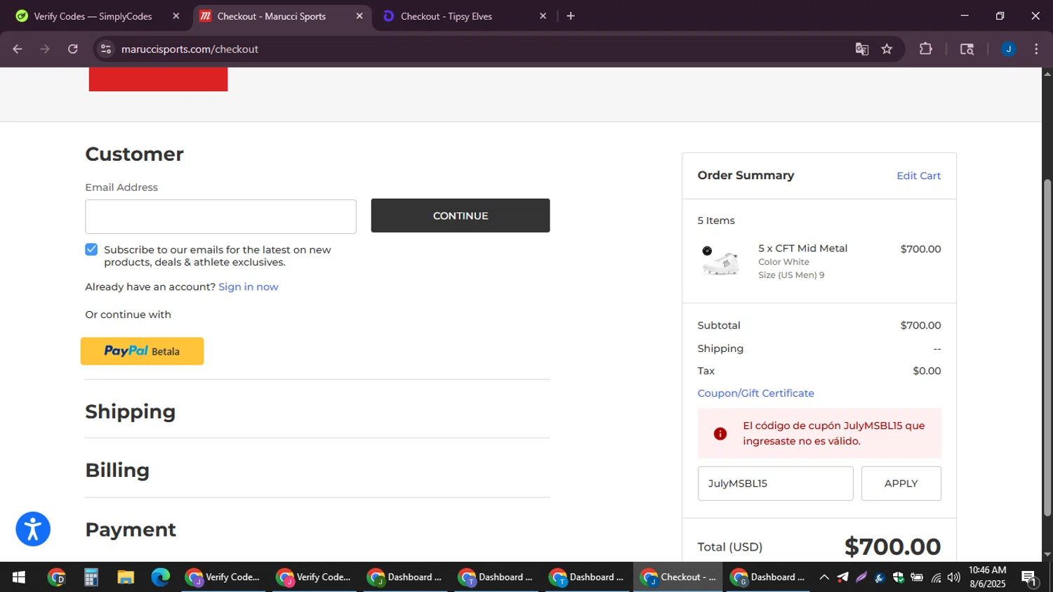 Marucci Sports coupon code screenshot showing code JulyMSBL15 applied at Marucci Sports checkout page. Uploaded by SimplyCodes community member noesmith34ur on Aug 6, 2025