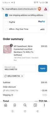 WELCOME736 coupon verification screenshot