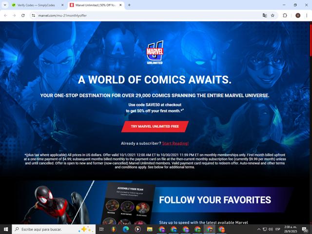 Marvel Unlimited checkout page showing Marvel Unlimited promo code box | Screenshot taken by SimplyCodes community member on Sep 28, 2025