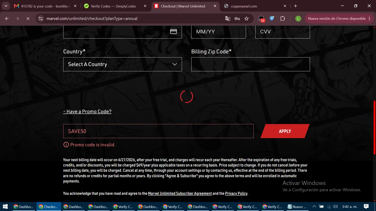 Verification screenshot for 50% Off Storewide at Marvel Unlimited - 17d ago