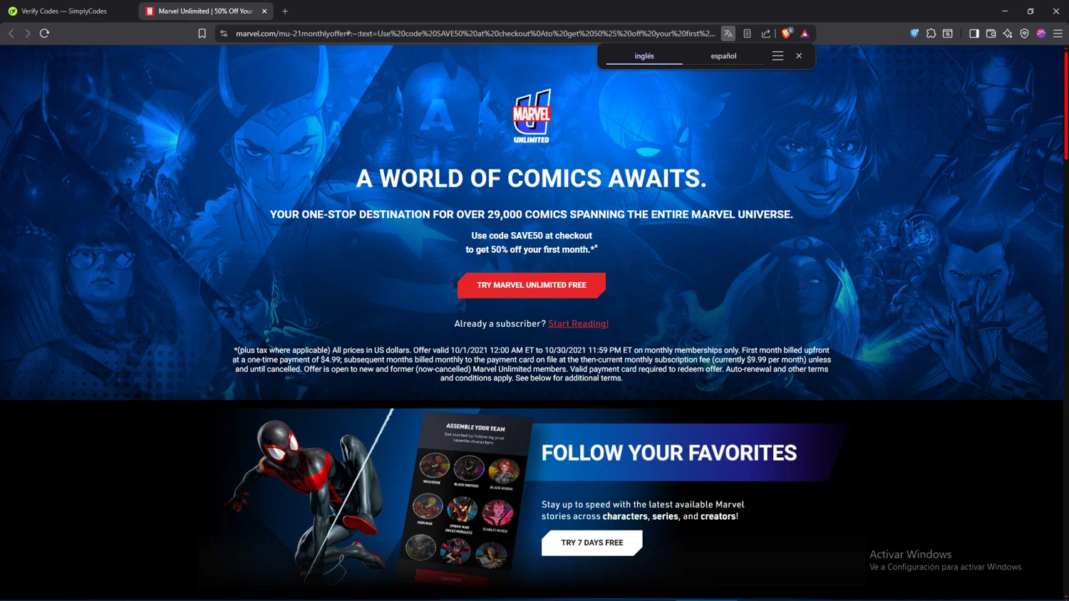 Verification screenshot for 50% Off Storewide at Marvel Unlimited - 15d ago