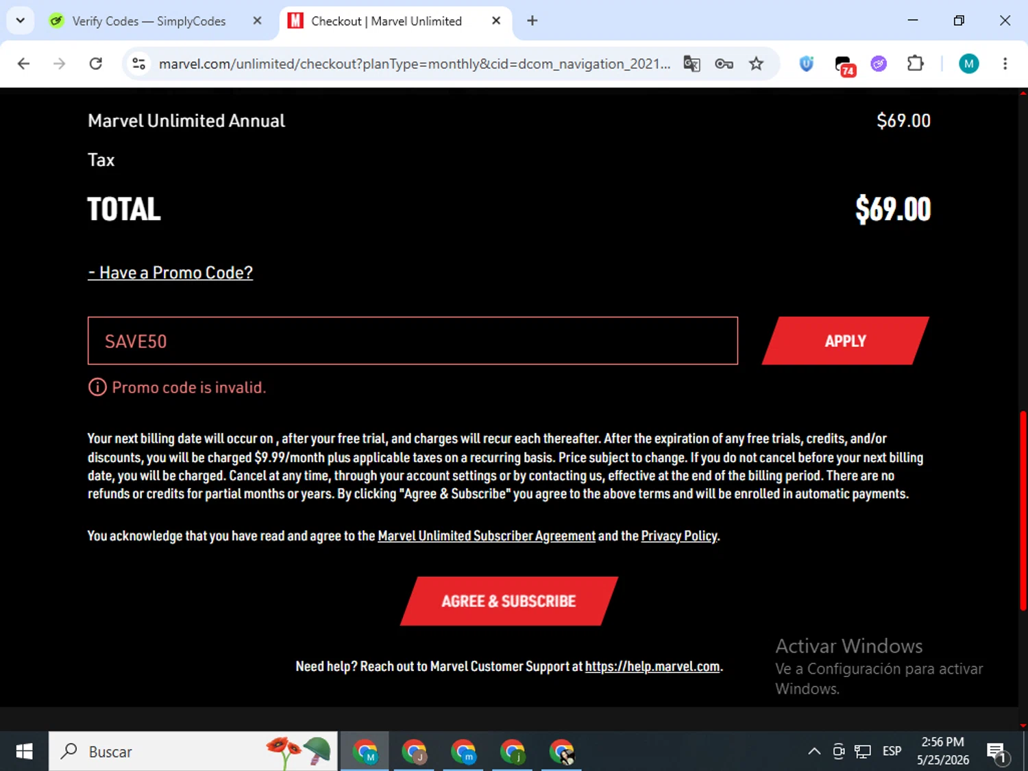 Verification screenshot for 50% Off Storewide at Marvel Unlimited - 43d ago