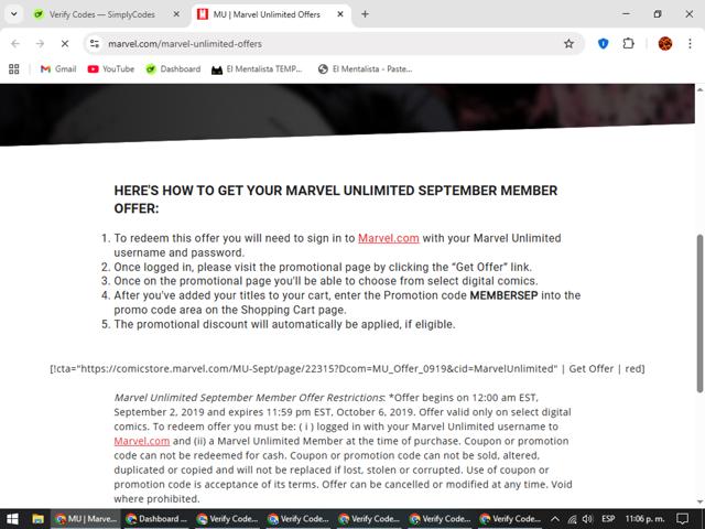 Marvel Unlimited checkout page showing Marvel Unlimited promo code box | Screenshot taken by SimplyCodes community member on Sep 15, 2025