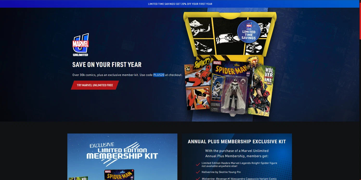 Marvel Unlimited promo code screenshot showing code PLUS20 applied at Marvel Unlimited checkout page. Uploaded by SimplyCodes community member CodeRanger4147 on Nov 17, 2025