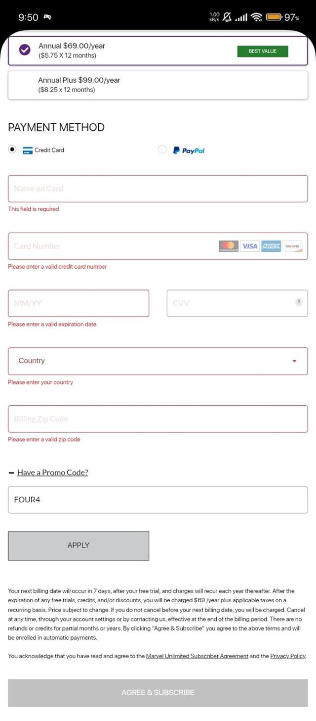 Marvel Unlimited checkout page showing Marvel Unlimited promo code box | Screenshot taken by SimplyCodes community member on Sep 8, 2025