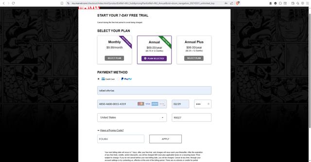 Marvel Unlimited checkout page showing Marvel Unlimited promo code box | Screenshot taken by SimplyCodes community member on Sep 9, 2025