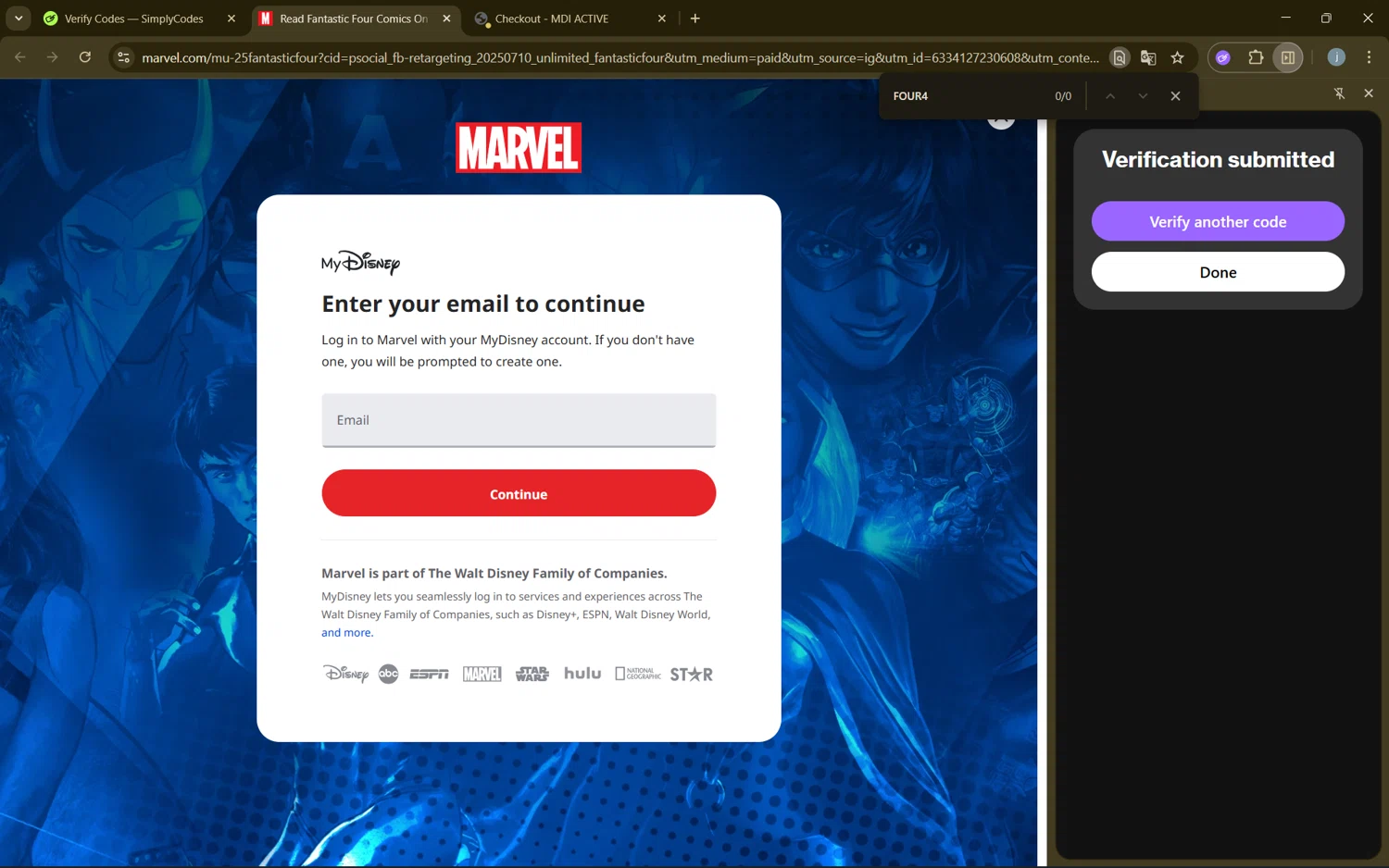 Marvel Unlimited promo code screenshot showing code FOUR4 applied at Marvel Unlimited checkout page. Uploaded by SimplyCodes community member frijolito on Sep 8, 2025