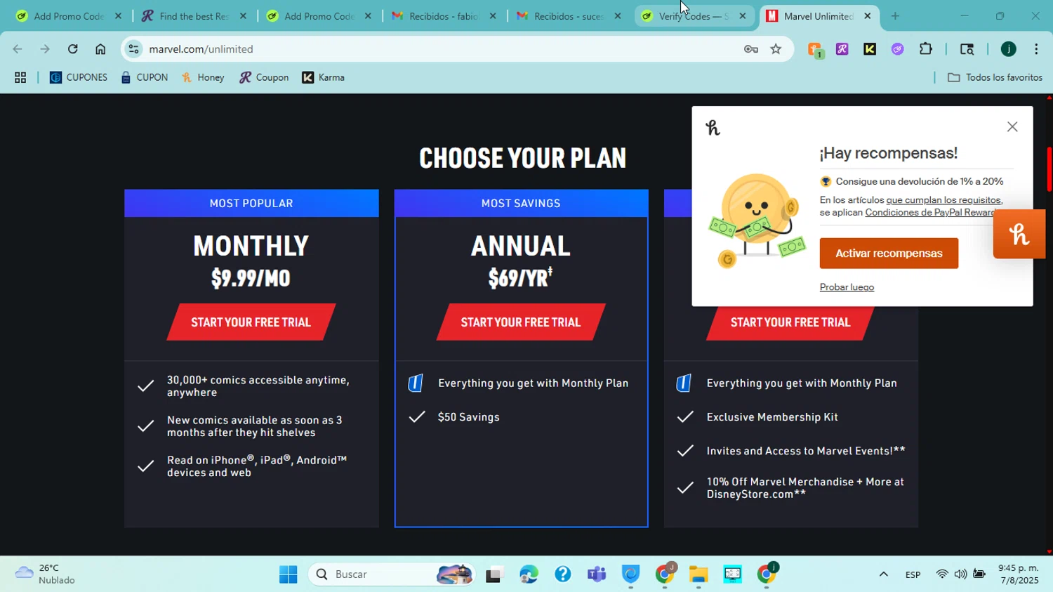 Marvel Unlimited promo code screenshot showing code CYBESRHOP20 applied at Marvel Unlimited checkout page. Uploaded by SimplyCodes community member jorgejavierherrera on Aug 8, 2025