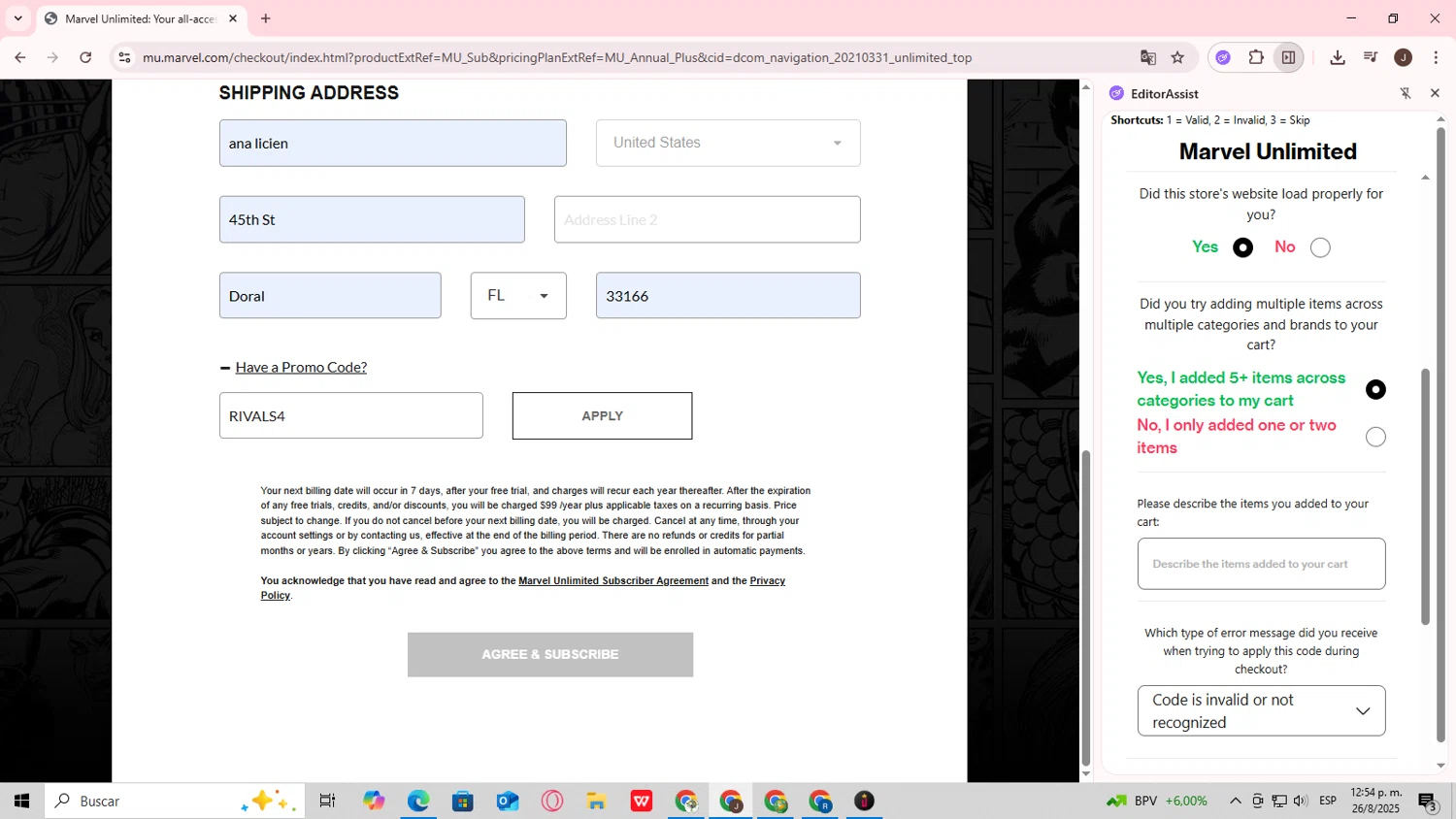 Marvel Unlimited promo code screenshot showing code RIVALS4 applied at Marvel Unlimited checkout page. Uploaded by SimplyCodes community member Jose__Salazar on Aug 26, 2025
