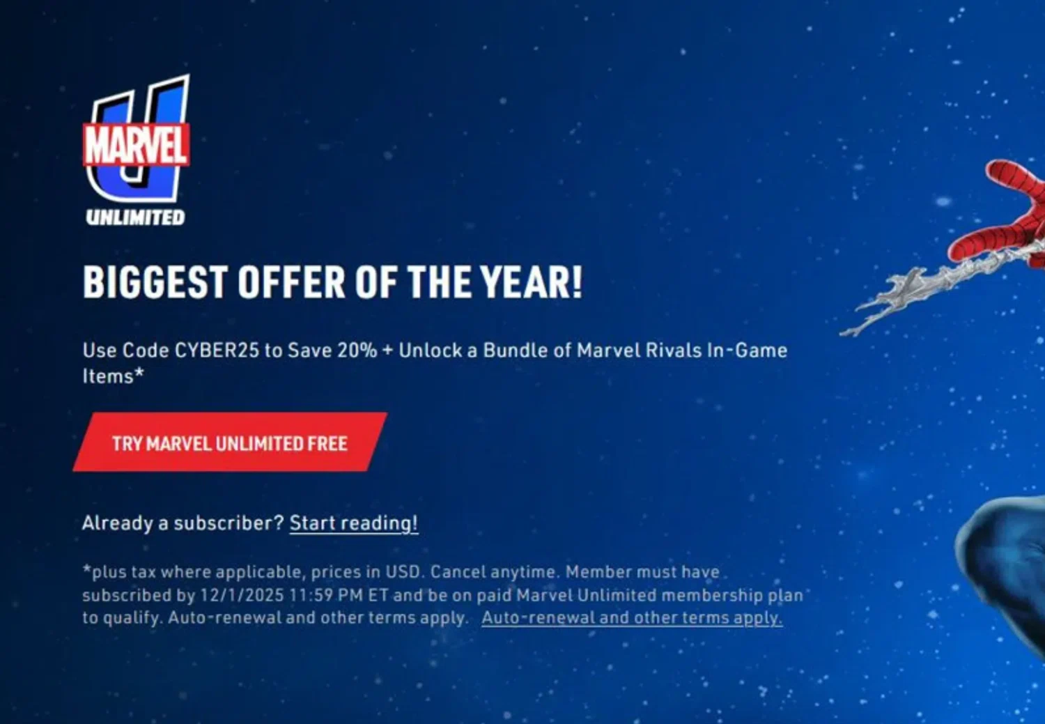 Marvel Unlimited checkout page showing Marvel Unlimited promo code box | Screenshot taken by SimplyCodes community member on Jan 11, 2026