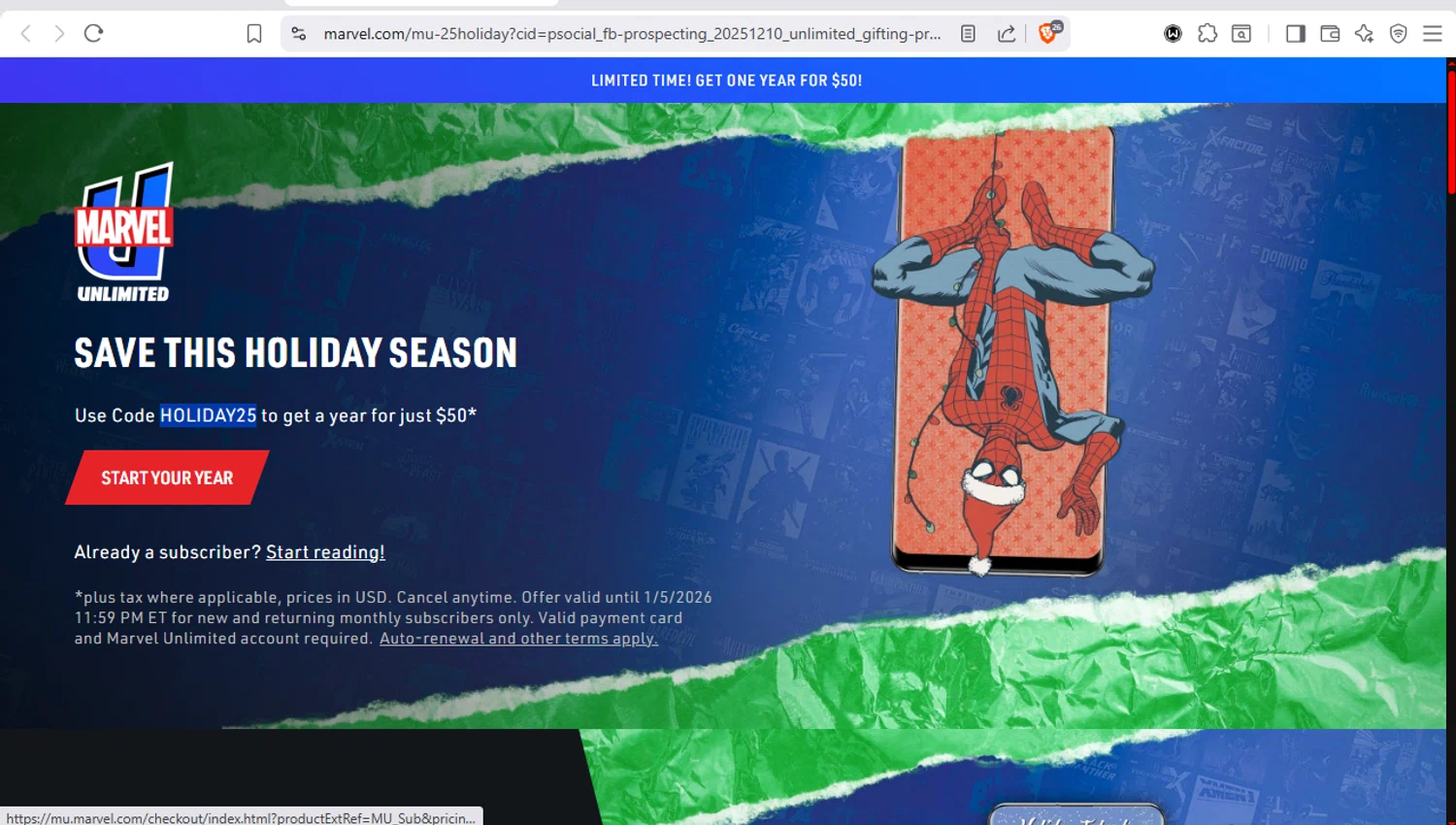 Marvel Unlimited promo code screenshot showing code HOLIDAY25 applied at Marvel Unlimited checkout page. Uploaded by SimplyCodes community member dayselis15 on Dec 16, 2025