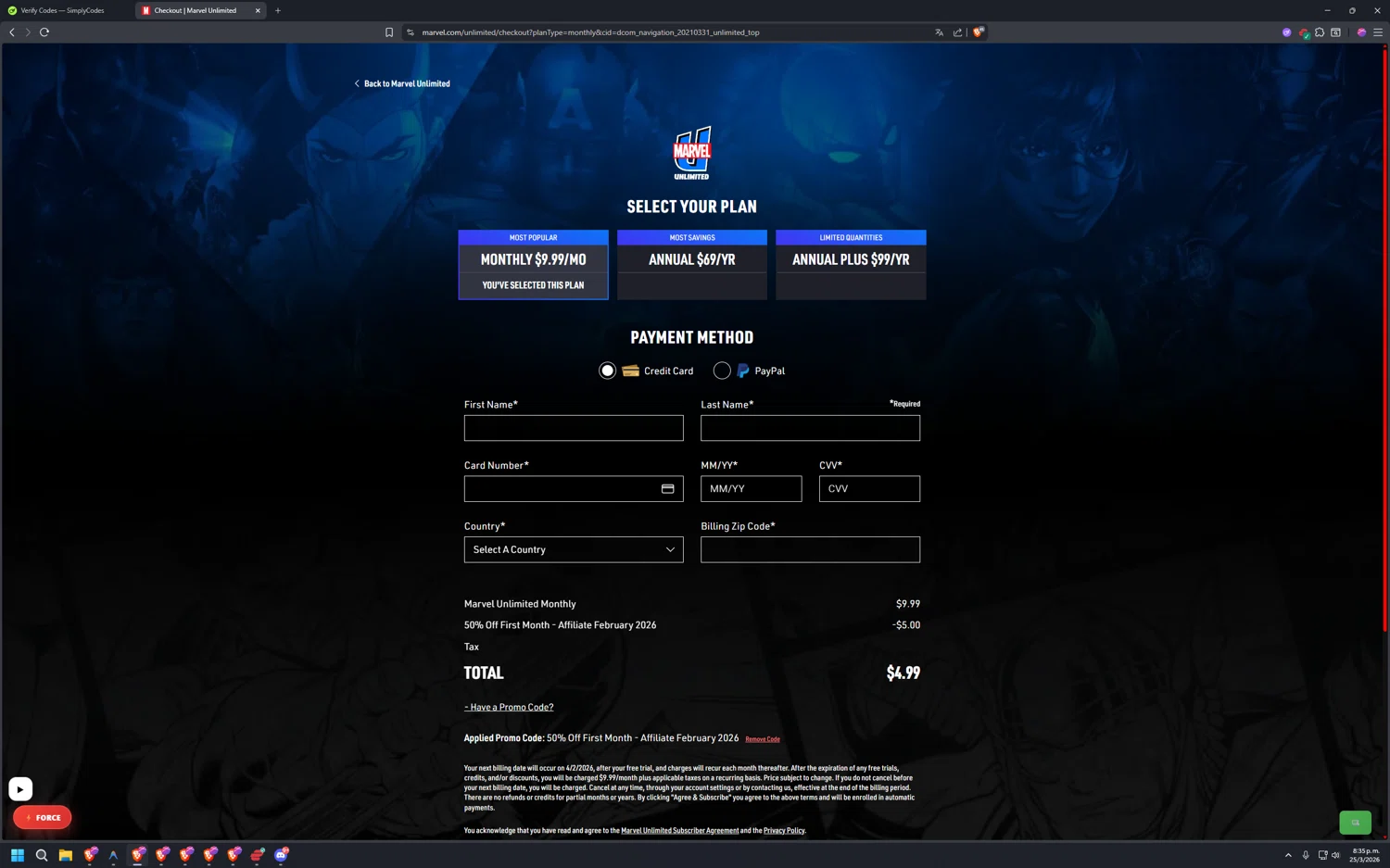 Verification screenshot for 50% Off Marvel Unlimited Monthly Subscription at Marvel Unlimited - 3mo ago