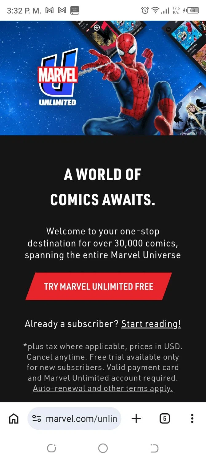 Verification screenshot for Get First Month for 2 Usd on Subscription at Marvel Unlimited Subscription at Marvel Unlimited - 50d ago