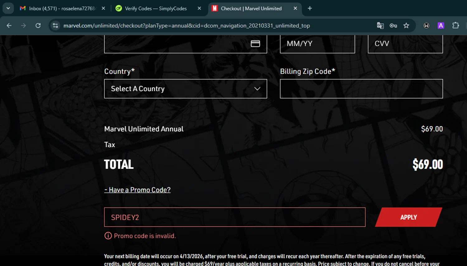 Verification screenshot for $8 Off Select Items at Marvel Unlimited - 3mo ago