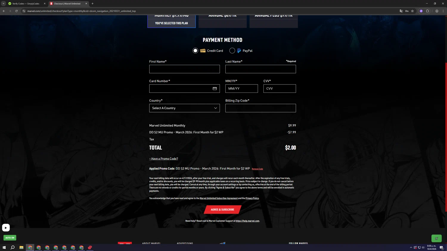 Verification screenshot for $8 Off Select Items at Marvel Unlimited - 2mo ago