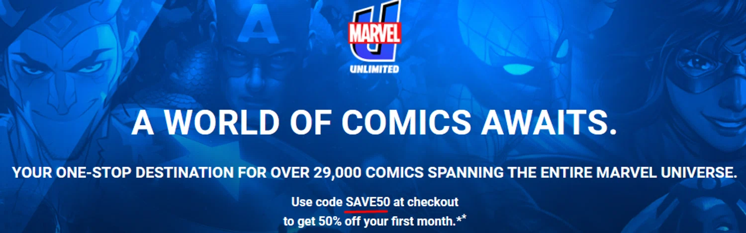 Marvel Unlimited promo code screenshot showing code SAVE50 applied at Marvel Unlimited checkout page. Uploaded by SimplyCodes community member Taeyang on Jan 14, 2026