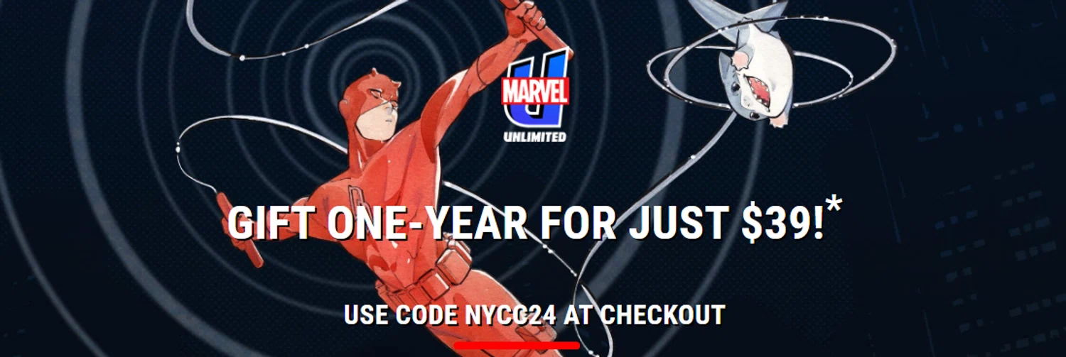 Marvel Unlimited promo code screenshot showing code NYCC24 applied at Marvel Unlimited checkout page. Uploaded by SimplyCodes community member Alofoke on Nov 2, 2025