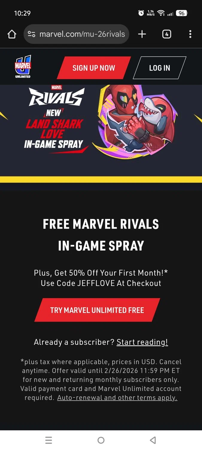 Marvel Unlimited promo code screenshot showing code JEFFLOVE applied at Marvel Unlimited checkout page. Uploaded by SimplyCodes community member Mdeoca on Jan 29, 2026