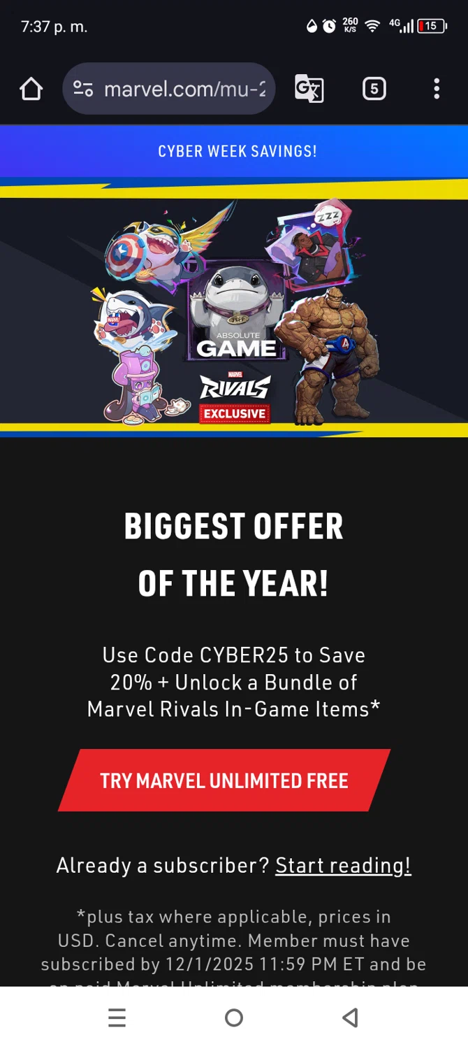Marvel Unlimited promo code screenshot showing code Cyber25 applied at Marvel Unlimited checkout page. Uploaded by SimplyCodes community member Mdeoca on Nov 21, 2025