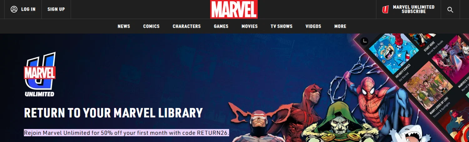 Verification screenshot for 50% Off Storewide at Marvel Unlimited - 22d ago