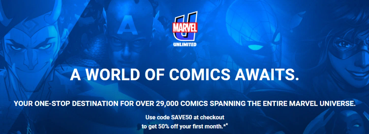 Marvel Unlimited promo code screenshot showing code SAVE50 applied at Marvel Unlimited checkout page. Uploaded by SimplyCodes community member RonaldAcunaJr on Feb 16, 2026