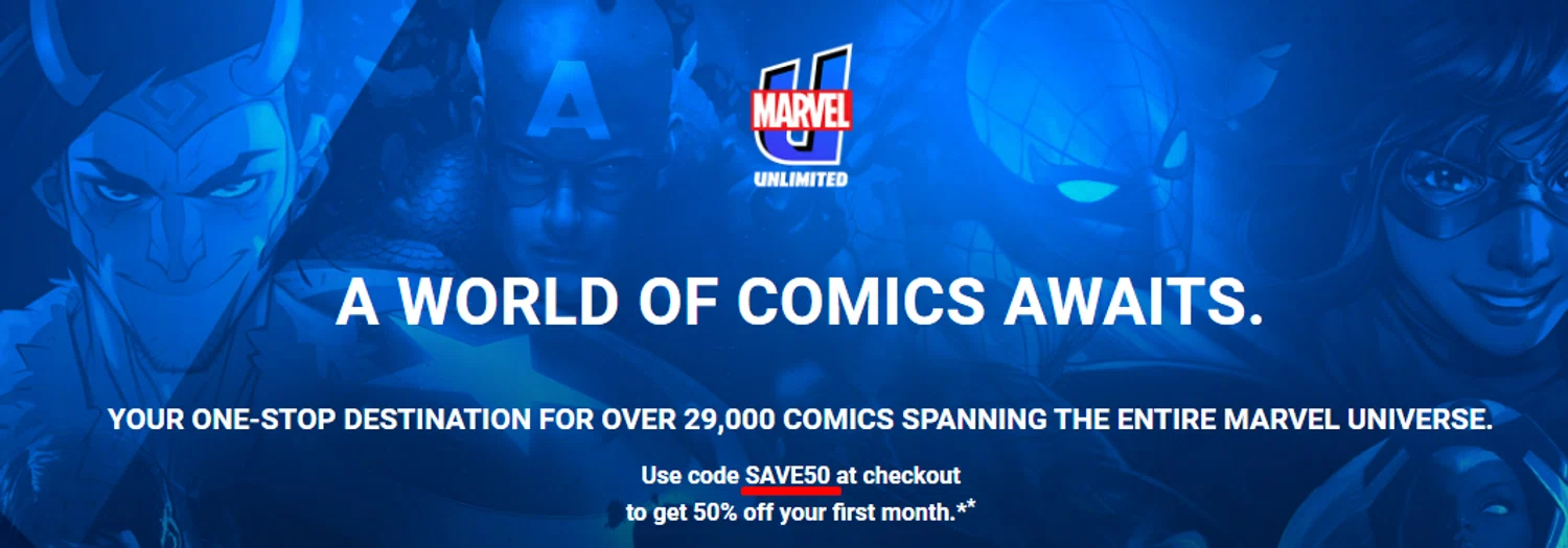 Marvel Unlimited promo code screenshot showing code SAVE50 applied at Marvel Unlimited checkout page. Uploaded by SimplyCodes community member RonaldAcunaJr on Feb 9, 2026