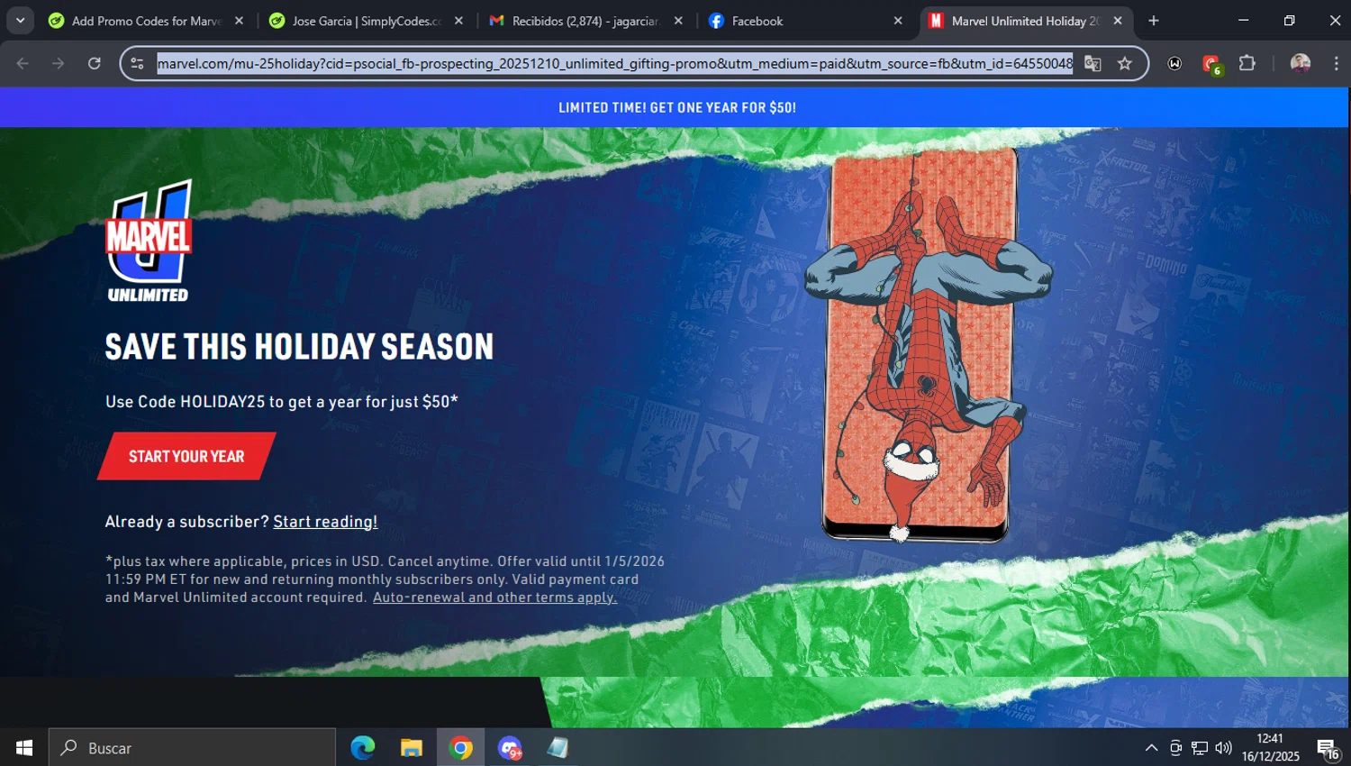 Marvel Unlimited promo code screenshot showing code HOLIDAY25 applied at Marvel Unlimited checkout page. Uploaded by SimplyCodes community member josegarcia6 on Dec 16, 2025