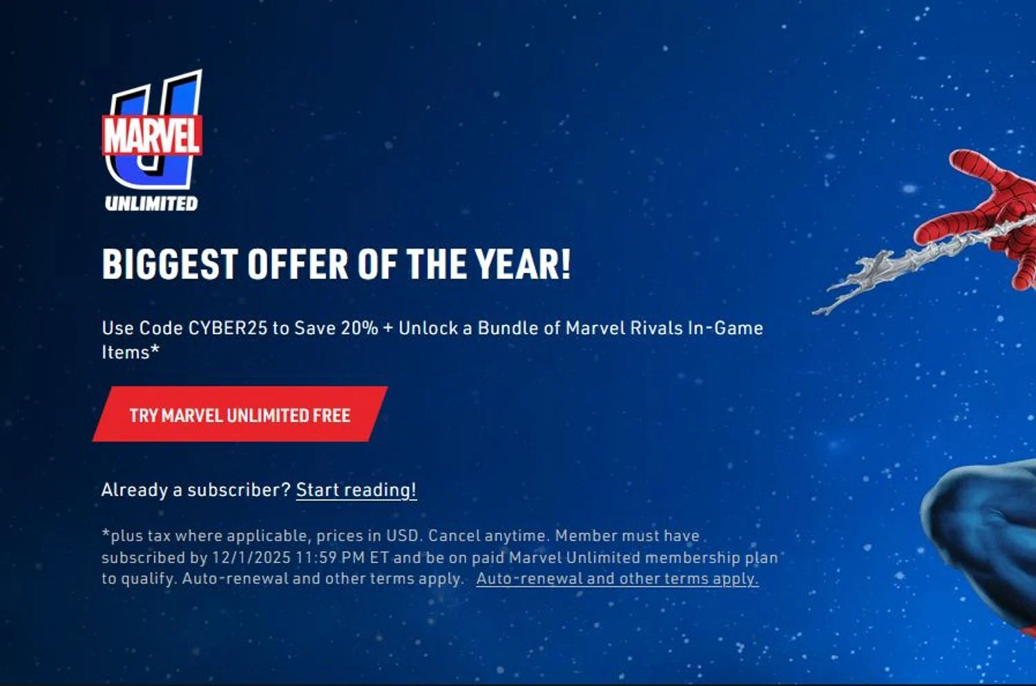 Marvel Unlimited promo code screenshot showing code 25CYBER applied at Marvel Unlimited checkout page. Uploaded by SimplyCodes community member stygian1 on Dec 1, 2025