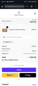 TAWNY15 coupon verification screenshot