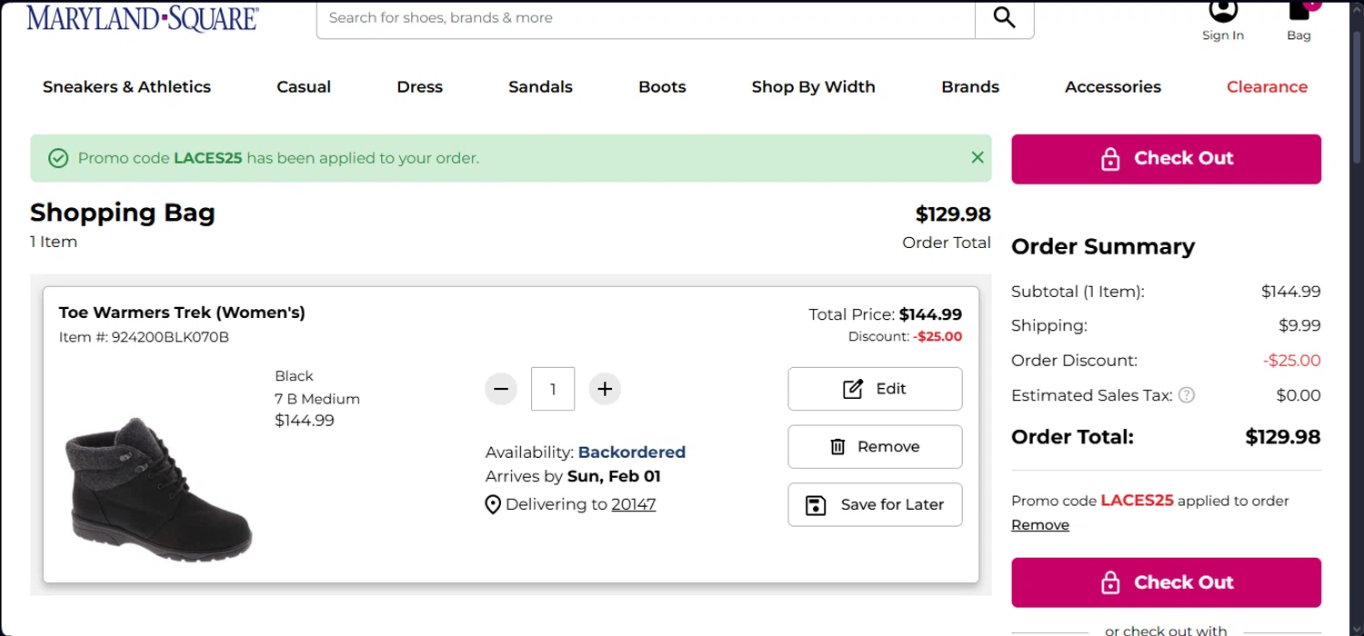 Maryland Square promo code screenshot showing code LACES25 applied at Maryland Square checkout page. Uploaded by SimplyCodes community member ______________ on Dec 24, 2025