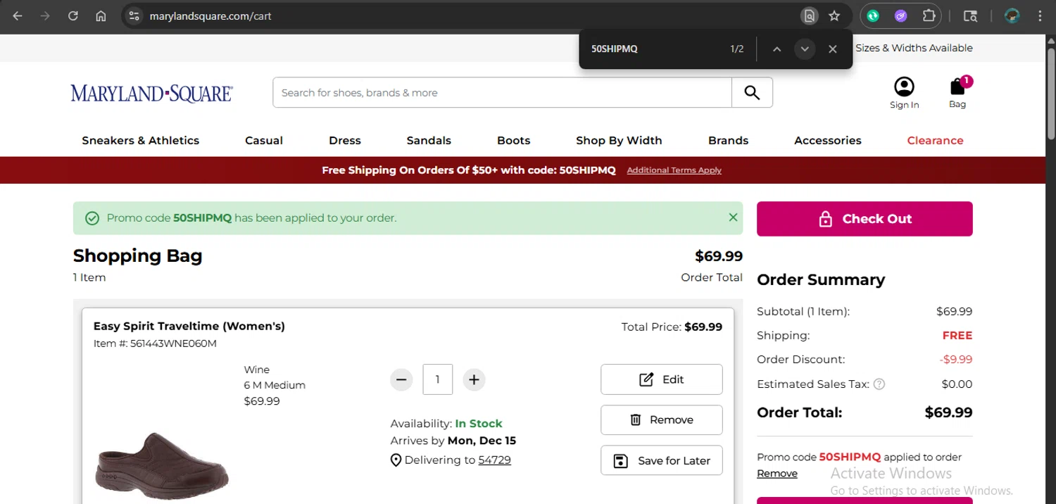 Maryland Square checkout page showing Maryland Square promo code box | Screenshot taken by SimplyCodes community member on Dec 11, 2025