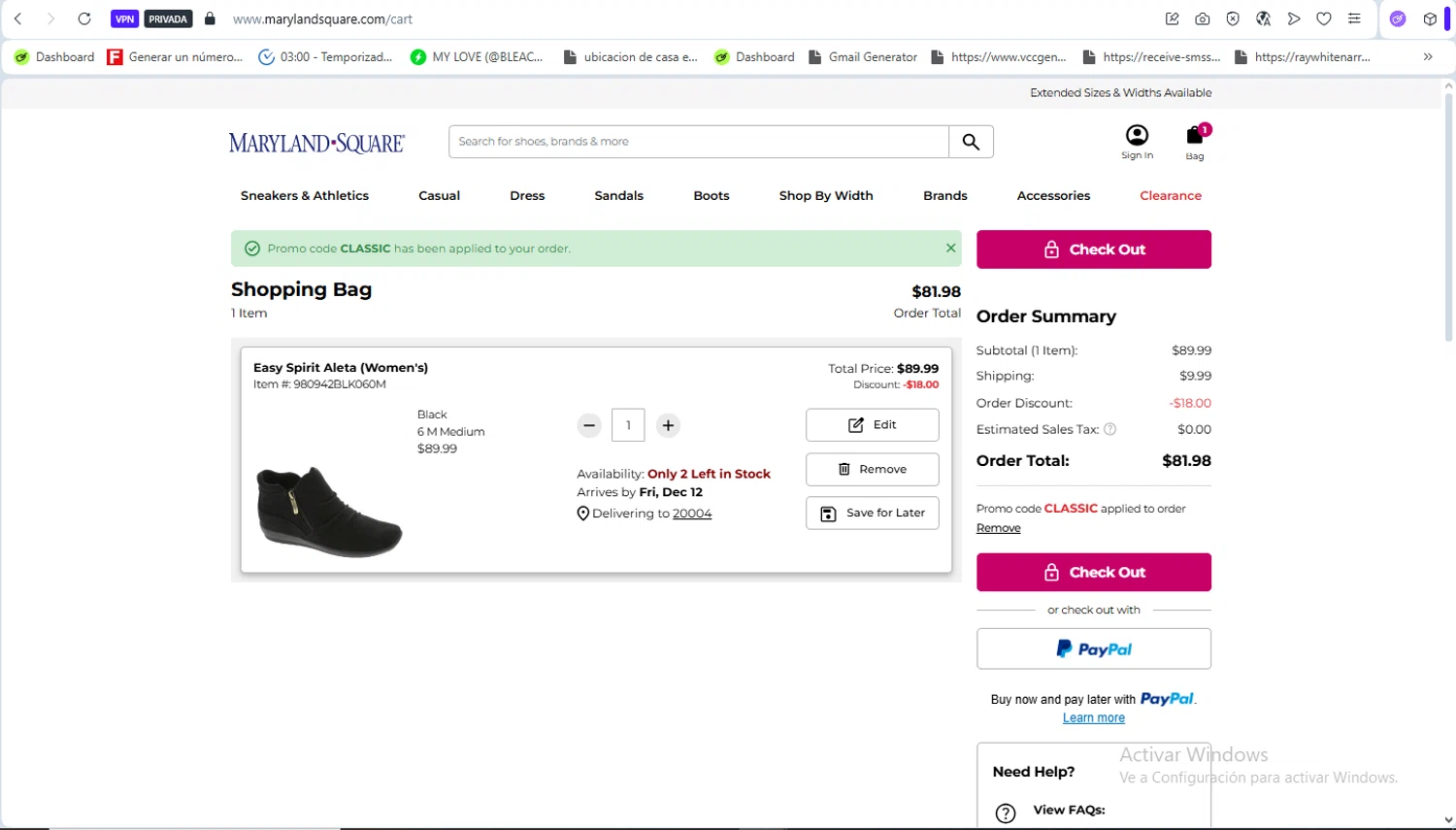 Maryland Square promo code screenshot showing code CLASSIC applied at Maryland Square checkout page. Uploaded by SimplyCodes community member Francisco01 on Dec 7, 2025