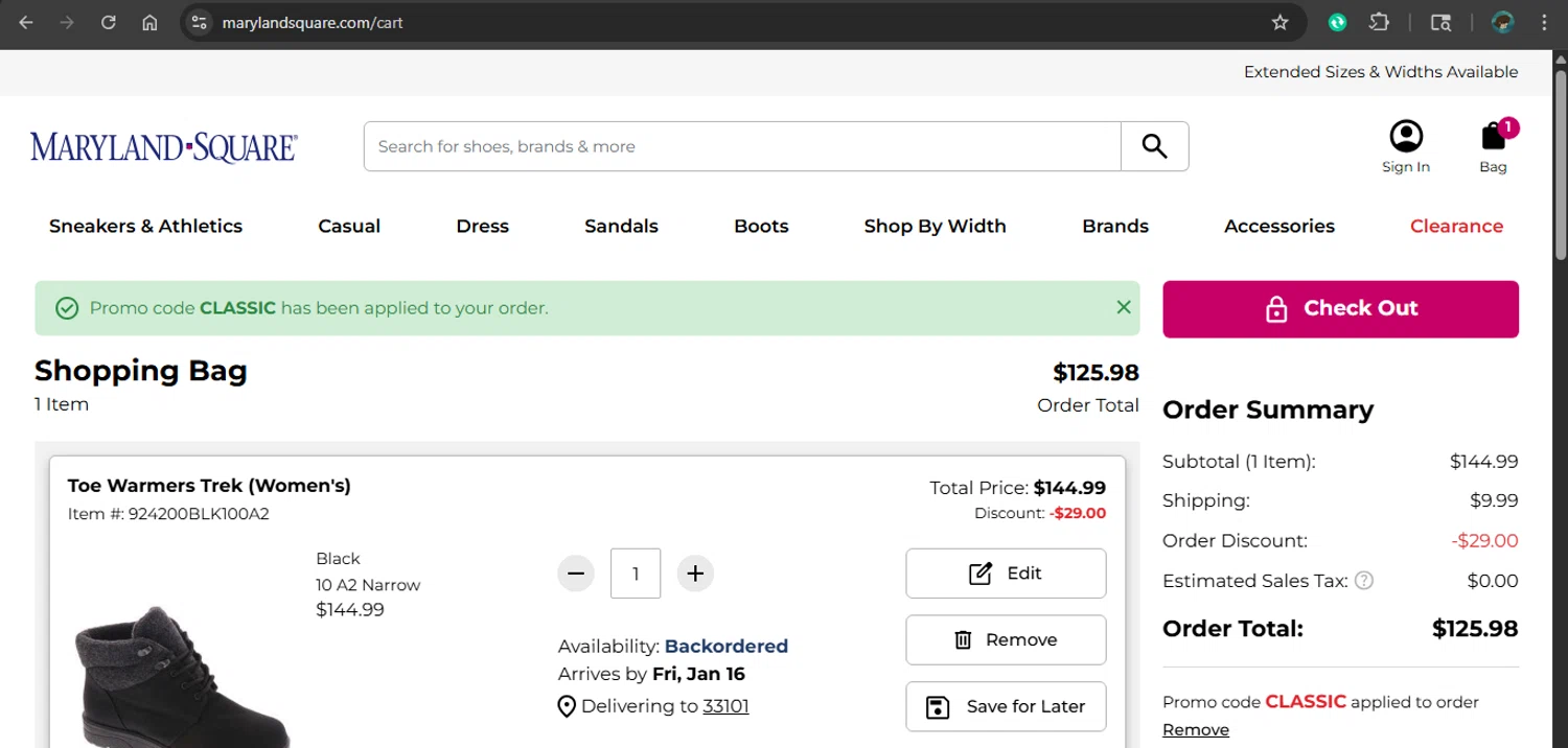 Maryland Square promo code screenshot showing code CLASSIC applied at Maryland Square checkout page. Uploaded by SimplyCodes community member MariaCorinaMachado on Dec 18, 2025