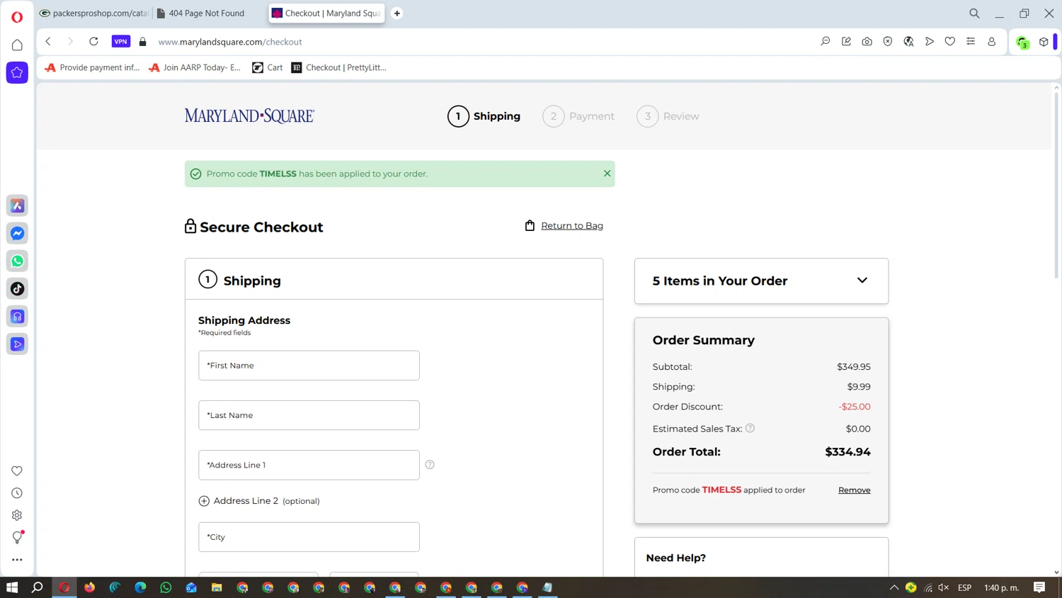 Maryland Square promo code screenshot showing code TIMELSS applied at Maryland Square checkout page. Uploaded by SimplyCodes community member FundoKadmiel on Dec 30, 2025