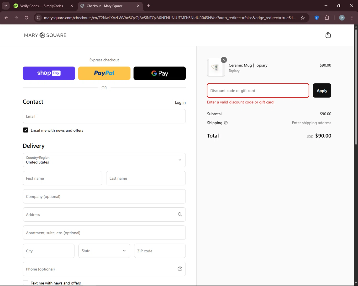 Mary Square discount code screenshot showing code RESORT25 applied at Mary Square checkout page. Uploaded by SimplyCodes community member DiscountEagle6247 on Apr 26, 2025