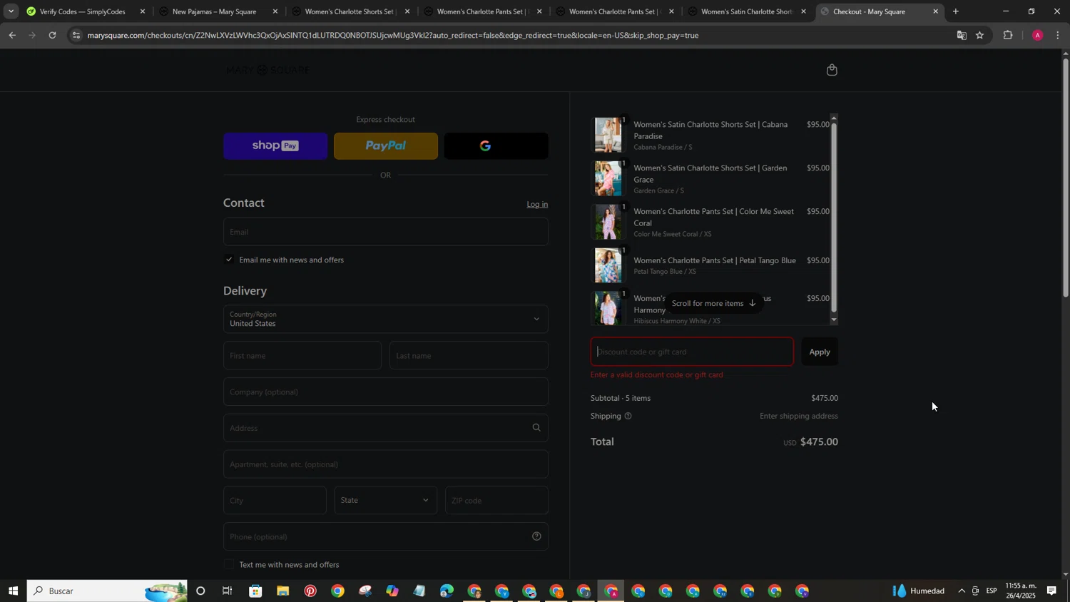 Mary Square discount code screenshot showing code RESORT25 applied at Mary Square checkout page. Uploaded by SimplyCodes community member CoinPhoenix8688 on Apr 26, 2025
