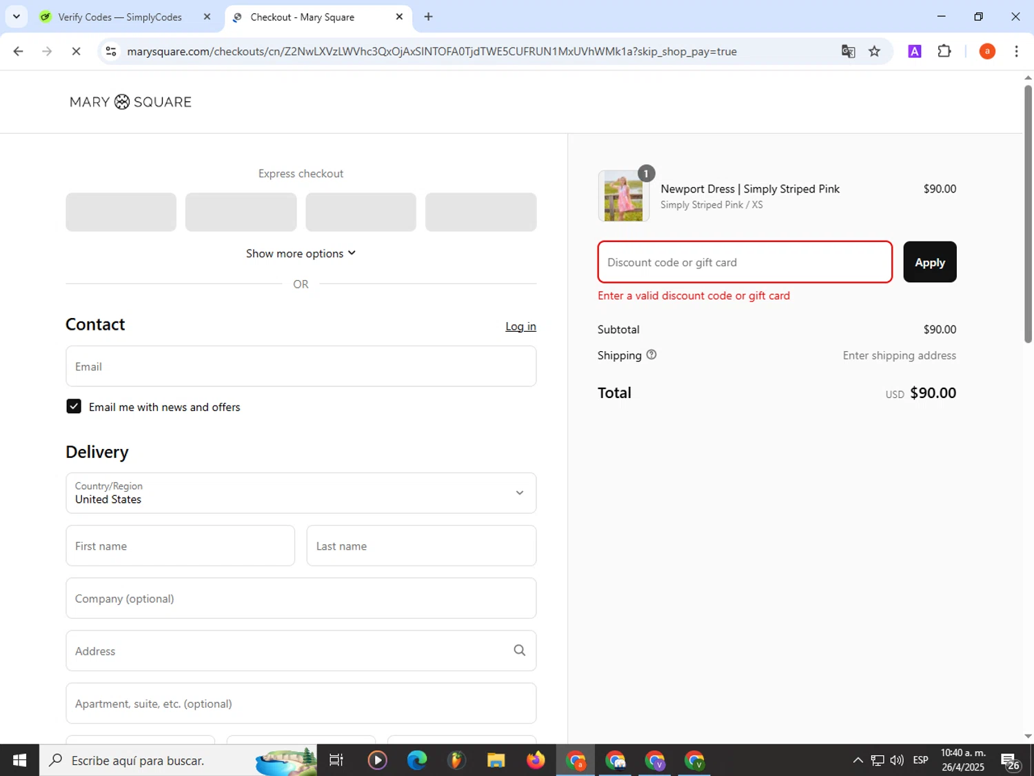 Mary Square discount code screenshot showing code RESORT25 applied at Mary Square checkout page. Uploaded by SimplyCodes community member partenalgas on Apr 26, 2025