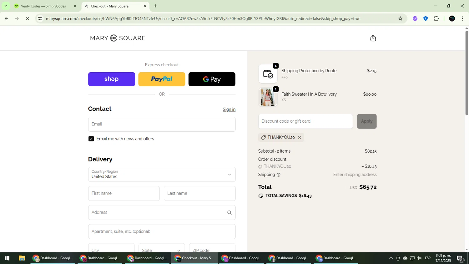 Mary Square discount code screenshot showing code thankyou20 applied at Mary Square checkout page. Uploaded by SimplyCodes community member CarmenVGR on Dec 8, 2025