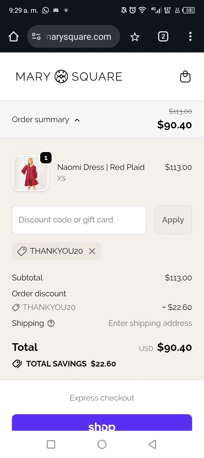 Mary Square discount code screenshot showing code thankyou20 applied at Mary Square checkout page. Uploaded by SimplyCodes community member Junniorduno on Nov 24, 2025