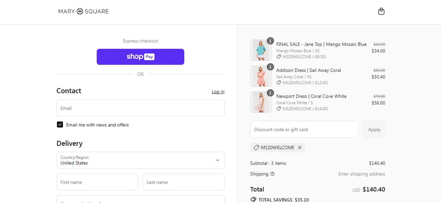 Mary Square discount code screenshot showing code MS20WELCOME applied at Mary Square checkout page. Uploaded by SimplyCodes community member yilmamalave on Jul 7, 2025