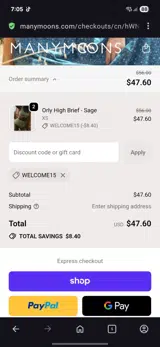 Welcome15 coupon verification screenshot